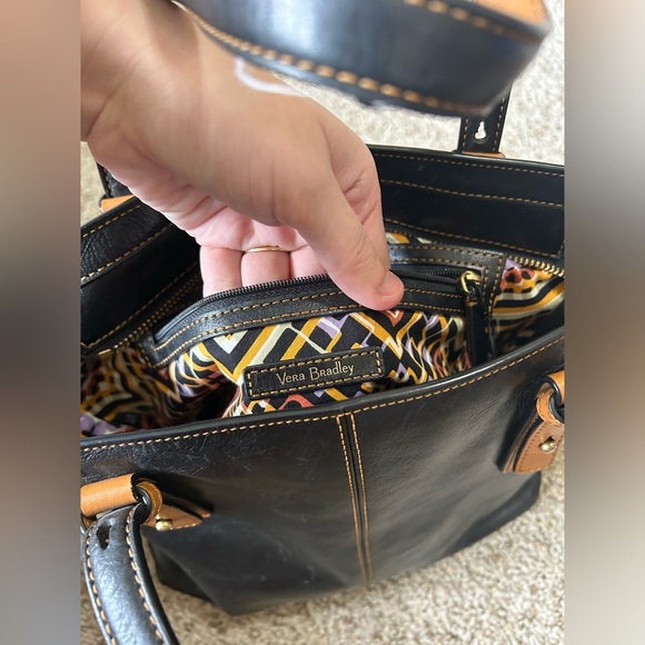 Vera Bradley Sagebrush Satchel Black Tan Leather Tote Bag Stitching Aztec Lined - Picture 7 of 11